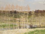 a painting of a field with trees and a stream