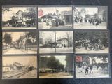 several old black and white photographs of people on a street