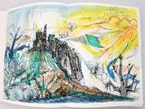 an image of a drawing of a castle in the middle of a mountain