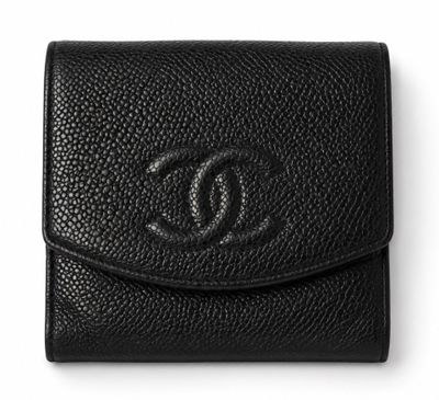 a black leather wallet with a logo on the front