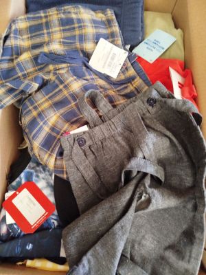 a box full of clothing that is sitting on the floor