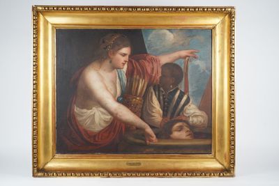 an oil painting of a woman and a man with a sword