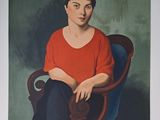 painting of a woman in a red shirt sitting in a blue chair