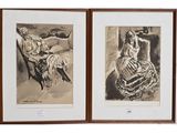 two black and white pictures of a woman sitting on a chair