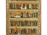 un tableau représentant une étagère sur laquelle sont disposés de nombreux objets religieux