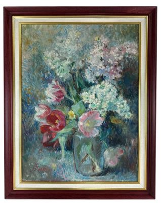 painting of flowers in a glass vase on a blue background