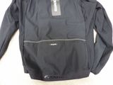 the back of a black jacket with a black label on it