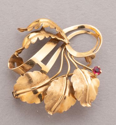 an image of a gold broochle with leaves and a red stone