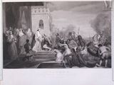 an old picture of a painting of a group of people on a stage