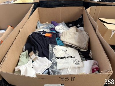 une boîte remplie de vêtements posée par terre