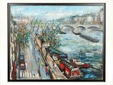 painting of a view of a river with boats and a bridge in the distance