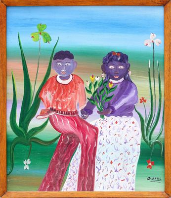 painting of two women sitting on a bench with flowers in their hands