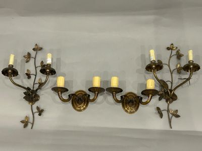pair of antique brass wall sconces with flowers and leaves