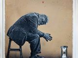 a painting of a man sitting on a chair next to a hourglass
