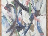 an oil painting of a white and blue abstract painting on a wooden frame