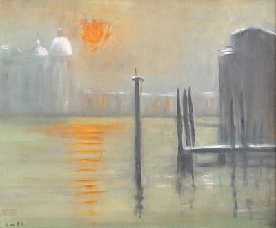 an oil painting of a sunset over the water with a boat in the foreground