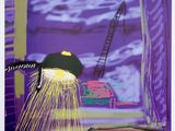 painting of a man welding a piece of metal in a room