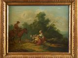 an oil painting of a man and a woman sitting on a horse in a wooded area