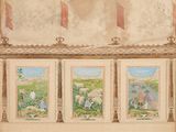 une image représentant un dessin d'une pièce avec quatre tableaux accrochés au mur