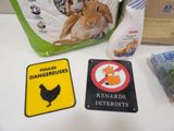 a bag of food and a sign on a table