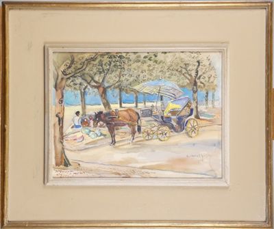 painting of a horse and buggy on a street with people in the background