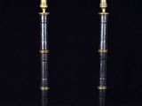 a pair of black and gold table lamps on a black background