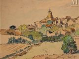 dessin représentant un village avec une église au loin, sur une colline