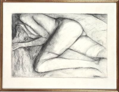 drawing of a nude woman laying on a bed in a frame