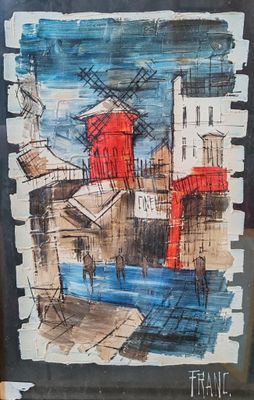 tableau représentant un moulin à vent et un bâtiment rouge, vu depuis une fenêtre