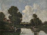un tableau représentant des vaches au bord d'une rivière, avec une maison en arrière-plan