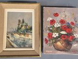 two paintings of flowers in a vase and a picture of a church