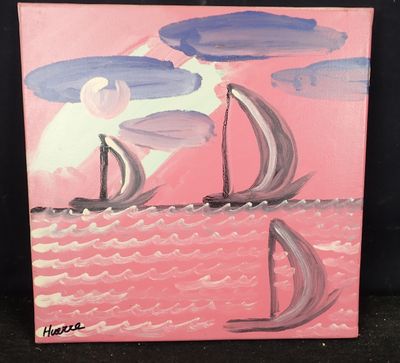 tableau représentant deux voiliers sur l'océan, avec un ciel rose