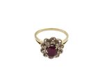 a close up of a gold ring with a ruby stone