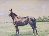 a painting of a horse standing in a field