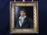 tableau représentant un homme en costume devant un chevalet, sur fond bleu