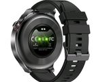 a black smart watch with a green display on the screen