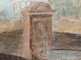 an oil painting of a water fountain in a field with a building in the background