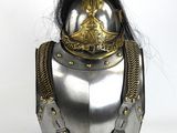 a silver helmet with a red mohawk on it