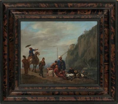 une peinture à l'huile représentant un groupe de personnes à cheval au pied d'une falaise