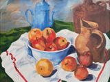 a painting of a bowl of peaches and a pitcher on a table