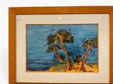 a painting of two palm trees on the beach