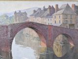 a painting of a bridge over a river with buildings in the background