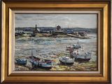 a painting of boats on the shore by a brick wall