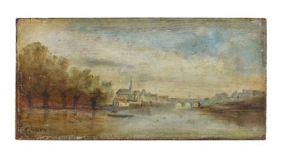 un tableau représentant une scène fluviale avec un pont et des bâtiments