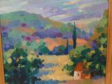 une peinture à l'huile représentant un tableau représentant un paysage avec une maison au premier plan