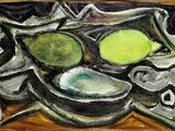 une peinture représentant une coupe de fruits sur une table