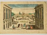 drawing of a view of a palace with a fountain and a fountain in the foreground