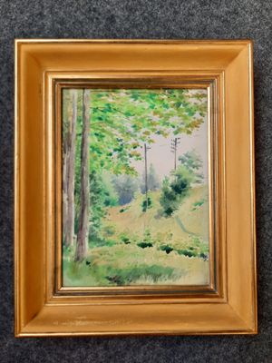 une peinture à l'huile représentant une scène forestière, dans un cadre doré