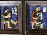 painting of a man and a woman sitting on a bench with a dog