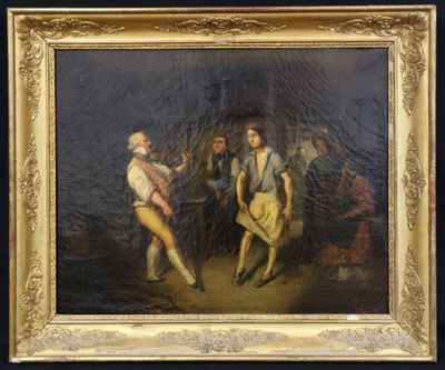 an old painting of a couple dancing in a dance hall